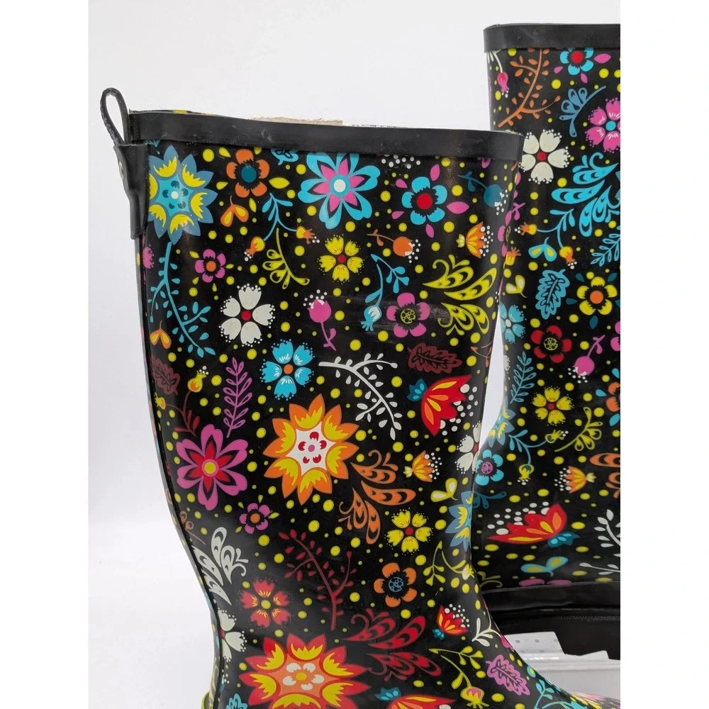 Western Chief Garden Play Rain Boots Womens 6 Black Floral Waterproof Tall